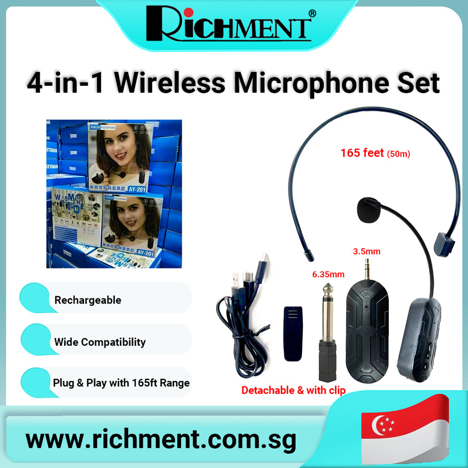 【✅SG Brand🔥】RICHMENT 4 In 1 Wireless Microphone Headset Wireless Lavalier Microphone 2.4G UHF Wireless Headset Mic and Handheld Mic 165FT Range, 3.5mm & 6.35mm Jacks Ideal for Teaching, Speaker,Fitness, Yoga, PA System, Voice Amplifier, Training
