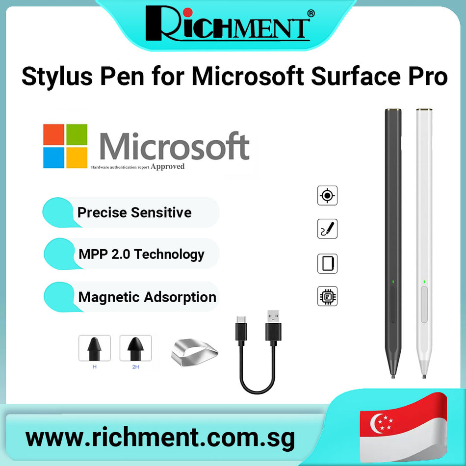 【✅SG Brand🔥】RICHMENT Stylus Pen for Microsoft Surface Pro 11/10/9/8/X/7+/6/5/4/3/3/Go 3/2/1/Laptop/Studio/Book 4/3/2/1 with Eraser Side Button, Palm Rejection, Tilt Function, 1024 Pressure