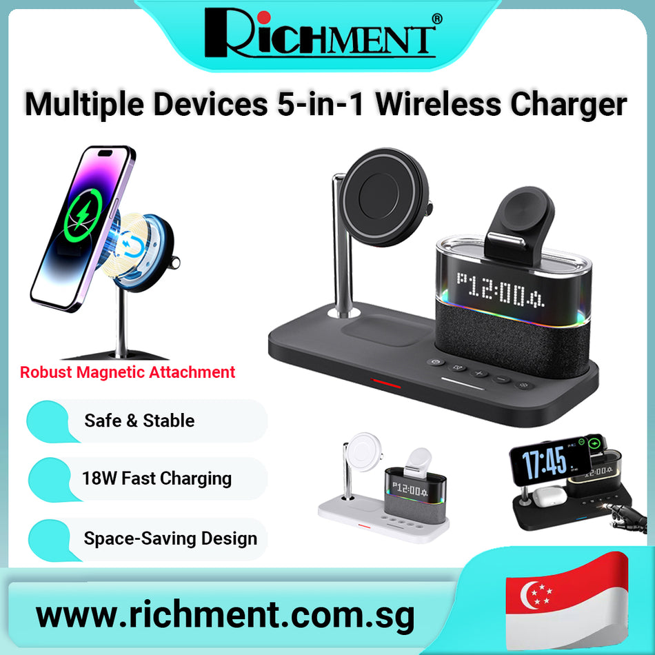 【✅SG Brand🔥】RICHMENT 5-in-1 Fast Wireless Charging Station – Travel Charger Dock with MagSafe, RGB Night Light, Alarm Clock – Compatible with iPhone 16/15/14/13 Series, iPhone Watch Ultra/9/8, AirPods Pro, Samsung  (Surport with QC3.0 Adapter)