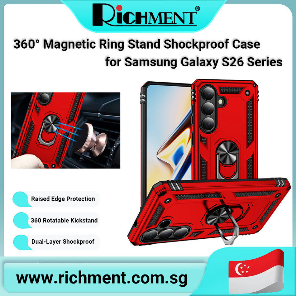 【✅SG Brand🔥】RICHMENT 360° Magnetic Ring Stand Shockproof Phone Case for Samsung Galaxy S26 5G / S26 Plus / S26 Ultra, Dual Layer PC + TPU Protective Cover with Rotatable Kickstand, Magnetic Car Mount Support, Military Grade Drop Protection