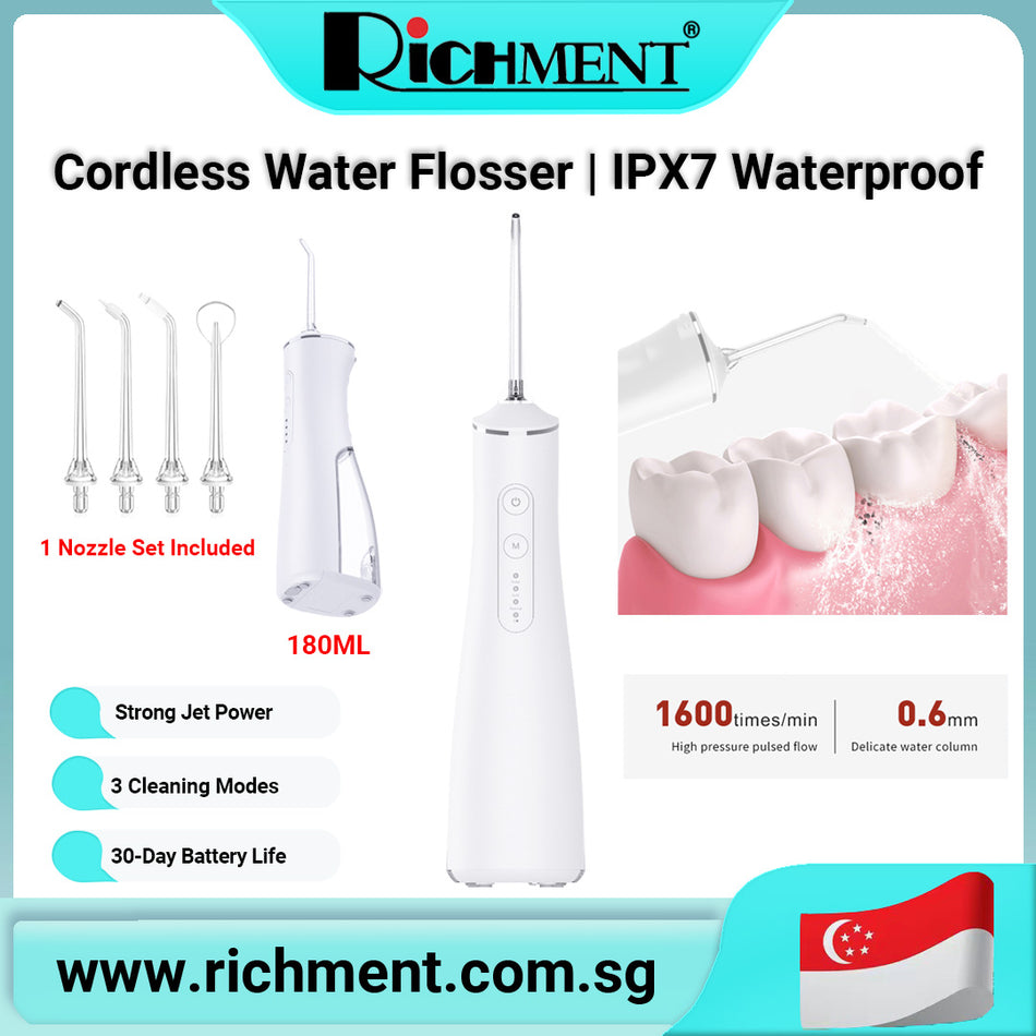 【✅SG Brand🔥】RICHMENT 💧 Cordless Water Flosser with 3 Modes & 4 Nozzles | 180ML & Nozzle Set Detachable Tanks | 140 PSI Jet Power + Smart Memory + IPX7 Waterproof | 30-Day Battery & Base Charging | 🎁 Perfect Gift for Oral Care at Home & Travel