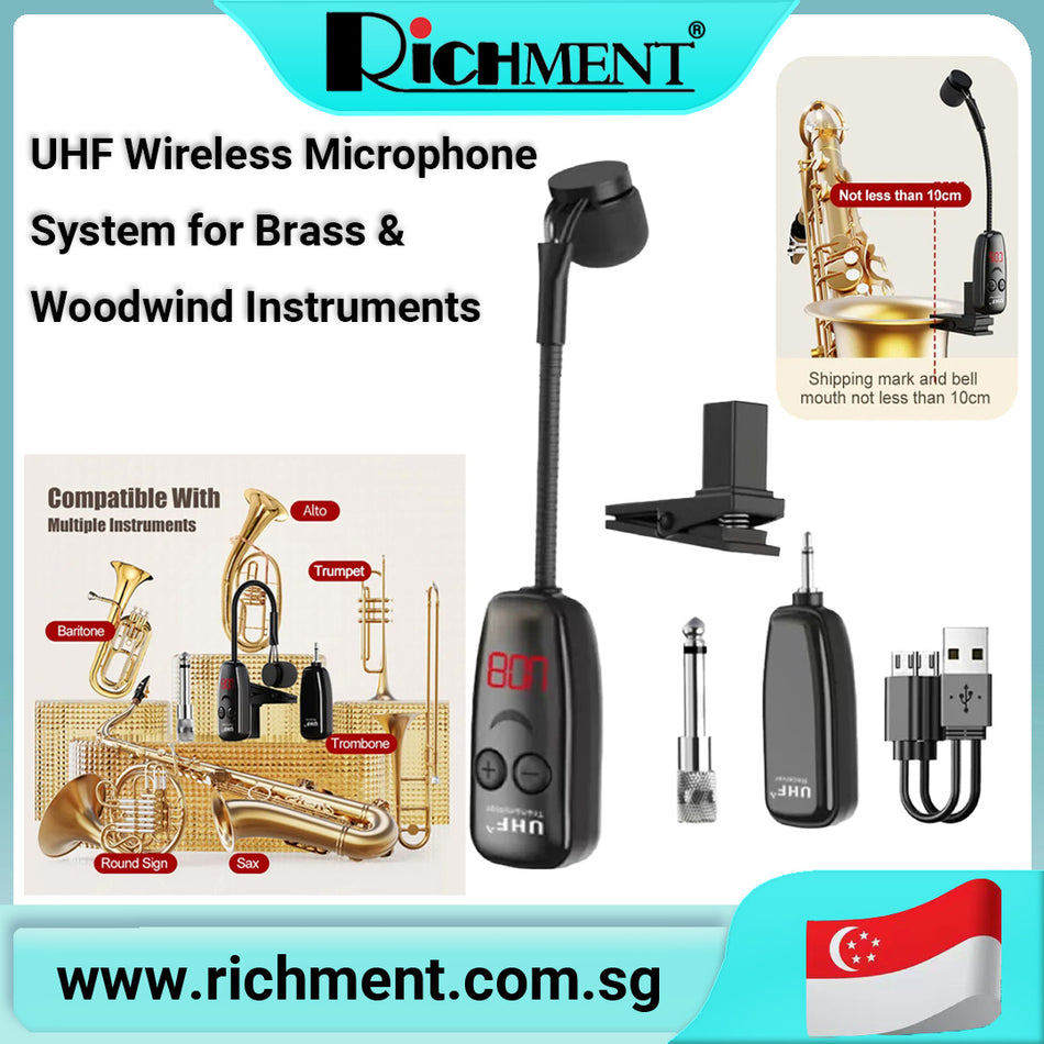 【✅SG Brand🔥】RICHMENT UHF Wireless Microphone System for Brass & Woodwind Instruments 🎷50M Range | Noise Reduction | Compatible with Saxophone, Trumpet, Trombone, Baritone, French Horn & More |🎁 Perfect Gift for Birthday & Christmas