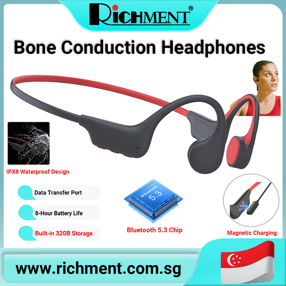 【✅SG Brand🔥】RICHMENT IPX8 Waterproof Bone Conduction Headphones with Bluetooth 5.3 | Magnetic Charging, 8H Playtime, Built-in MP3 Player, 32GB Storage | Open-Ear Sports Headphones for Running, Swimming & Workout