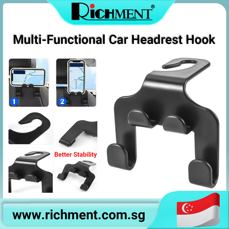 【✅SG Brand🔥】RICHMENT 2-Pack Multifunctional Car Headrest Hooks with Foldable Phone Holder | Universal Car Seat Back Organizer for Bags, Purses, Groceries, Coats, and Smartphones | Heavy-Duty 22lbs Load Capacity | Space-Saving & Easy to Install