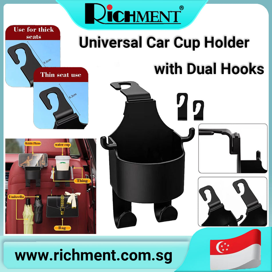 【✅SG Brand🔥】RICHMENT 2-Pack Universal Car Cup Holder with Dual Hooks | Back Seat Organizer for Drinks, Phones, Handbags, Umbrellas & More | Adjustable Hook Length for Thin & Thick Seats | Multifunctional Car Interior Accessory