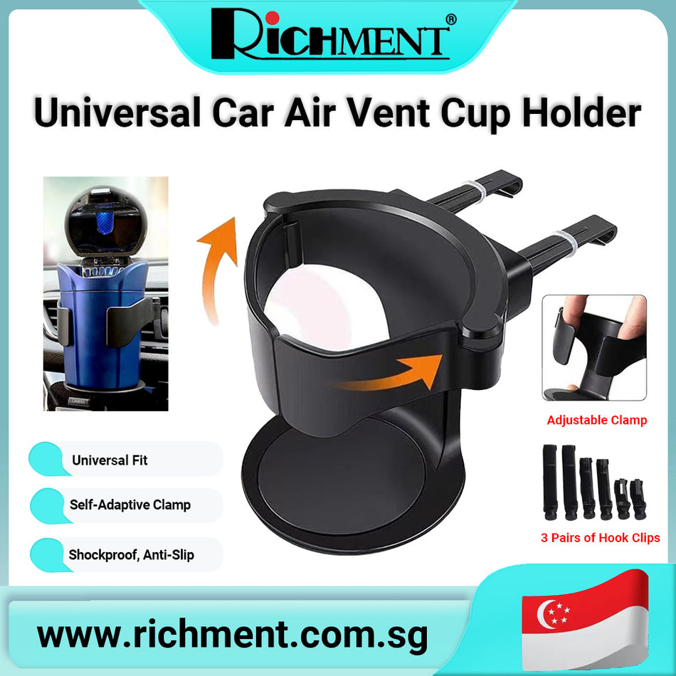 【✅SG Brand🔥】RICHMENT Universal Car Air Vent Cup Holder with Adjustable Clamp | Auto-Clamping Drink Mount with 3 Vent Clips | Adjustable Base | 360° Rotatable Drink Mount for Coffee, Bottles, Ashtray & Shockproof, Anti-Slip Fits 80mm Diameter Cups