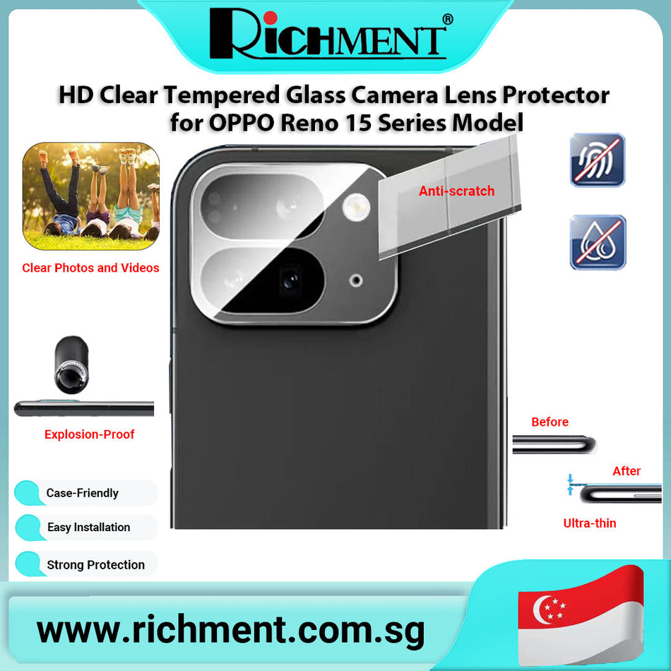 【✅SG Brand🔥】RICHMENT HD Clear & Black Camera Lens Protector for OPPO Reno 15/15C/15 Pro/15Pro Max 9H Tempered Glass, Anti-Scratch, Explosion-Proof, Ultra-Thin Slim Fit, Case Friendly, Easy Installation, Protects Against Drops