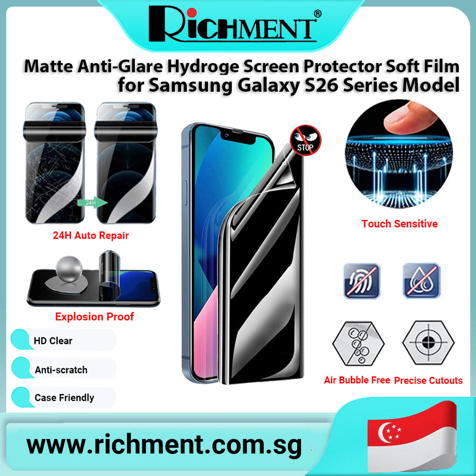 【✅SG Brand🔥】RICHMENT Hydrogel Screen Protector for Samsung Galaxy S26/S26 Plus/ S26 Ultra — Matte Anti-Glare Privacy , Shatterproof, 24-Hour Self-Healing, HD Clarity, Anti-Fingerprint, Full Coverage Design, Bubble-Free Application