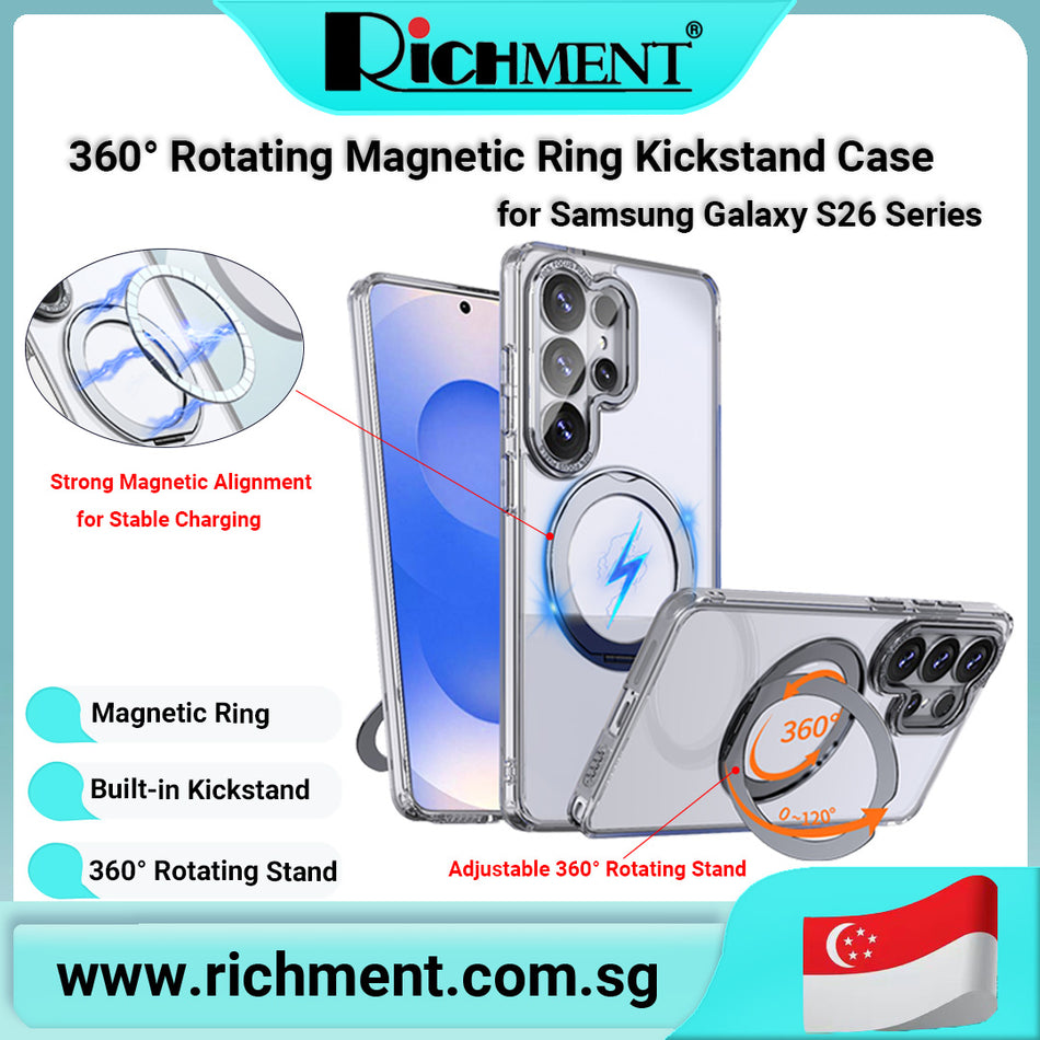 【✅SG Brand🔥】RICHMENT Magnetic Ring Stand Case for Samsung Galaxy S26 Ultra/S26/S26+/S24 Ultra/S25 Ultra/S23 ultra 360° Rotating Kickstand, Shockproof Air Cushion Corners, Anti-Drop Protective Cover, Wireless Charging Compatible, Magnetic Car