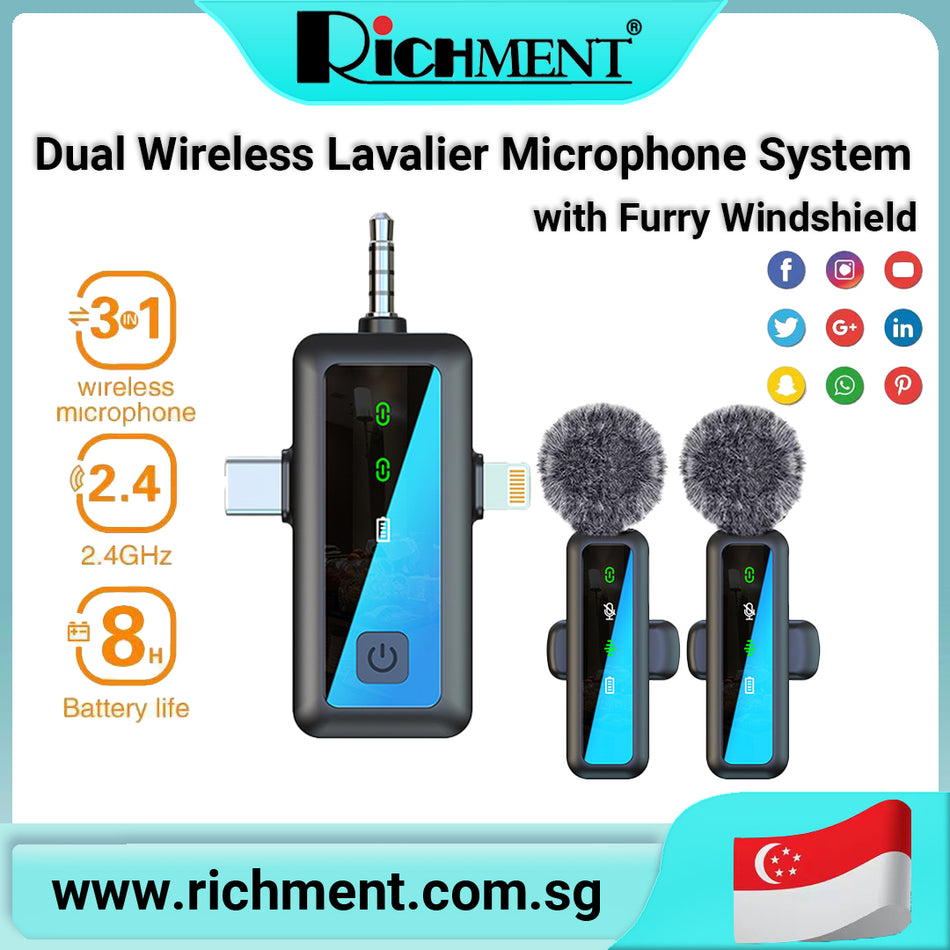 【✅SG Brand🔥】RICHMENT 🎙️ Dual Wireless Lavalier Microphone with Wind Muffs & DSP Noise Reduction | 2.4G Plug & Play System with Auto Device Adaptation + 360° Pickup | Compatible with iPhone, Android, DSLR & More | 🎁 Perfect Gift for Creators & Vloggers