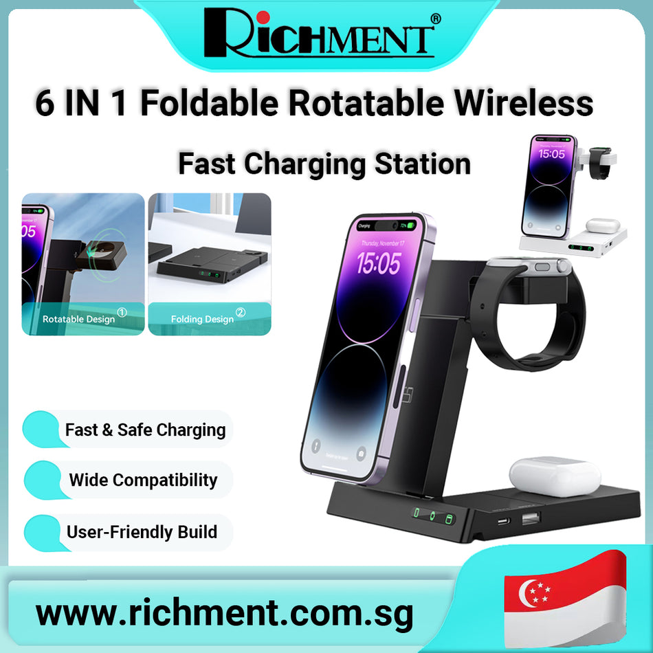 【✅SG Brand🔥】RICHMENT 6-in-1 Foldable & Rotatable Wireless Charging Station – Fast Charger for iPhone 16/15/14/13/12 Pro Max, iWatch, AirPods, Samsung Galaxy S23 Ultra/S23/S22, Samsung Watch & Other Devices |🎁 Perfect Gift for Birthday & Christmas