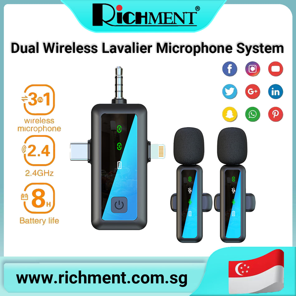【✅SG Brand🔥】RICHMENT 🎤 Dual Wireless Lavalier Microphone System with DSP Noise Reduction | Plug & Play 2.4G Audio for iPhone, Android, DSLR & More | Auto Device Sync + 360° Pickup + Long Battery | 🎁 Ideal Gift for Creators & Interviewers