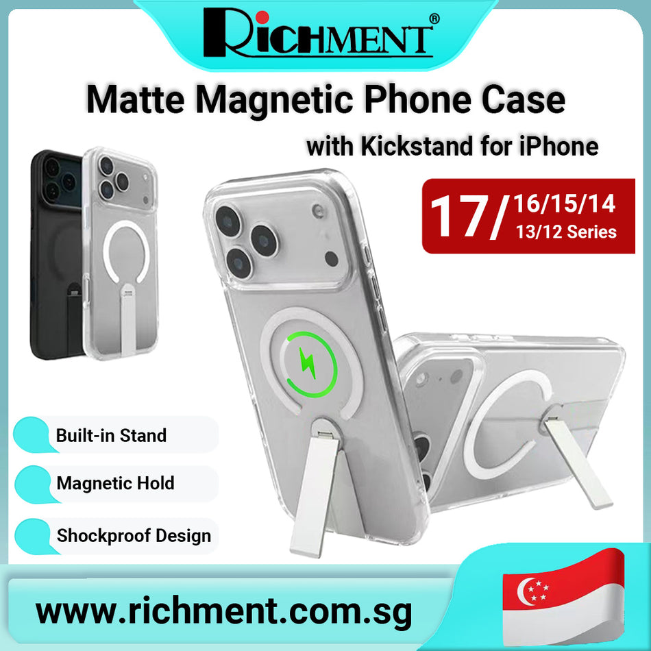 【✅SG Brand🔥】RICHMENT Matte Magnetic Phone Case with Kickstand for iPhone 17/16/15/14/13 e Pro ProMax Air Plus Seires Shockproof TPU+PC Hybrid Cover, Strong Magnetic Wireless Charging Compatible, Military Drop Protection, Raised Edge Camera Lens Guard