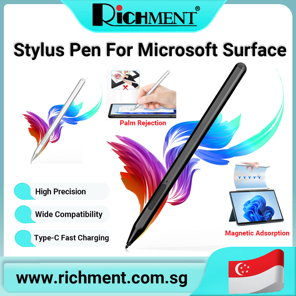 【✅SG Brand🔥】RICHMENT Stylus Pen For Microsoft Surface Pen for Microsoft Surface Pro 11/10/9/8/7/6/5/4, Surface Book/Laptop/Go/Studio, Surface Pro Pen Windows Stylus with Palm Rejection, Rechargeable, 4096 Pressure Sensitivity   with Free Tips