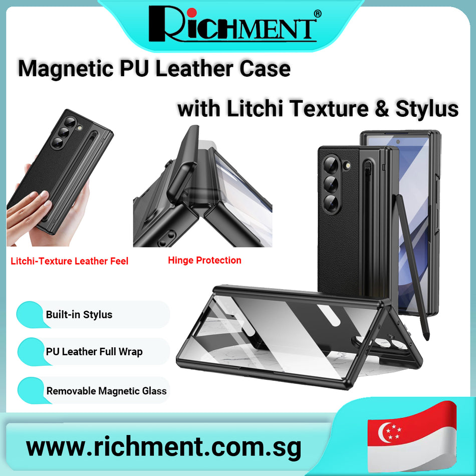 【✅SG Brand🔥】RICHMENT PU Leather Full-Body Case for Samsung Galaxy Z Fold 6 with Stylus & Removable Magnetic Glass Cover – Litchi Texture