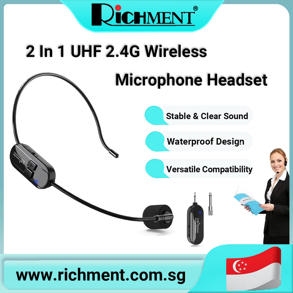 【✅SG Brand🔥】RICHMENT 2 In 1 UHF 2.4G Wireless Microphone Headset Wireless Headset Mic and Handheld Mic 2 in 1, 165FT Range, 3.5mm & 6.35mm Jacks, Ideal for Teaching, Fitness, Yoga, PA System, Speaker,Voice Amplifier, Training
