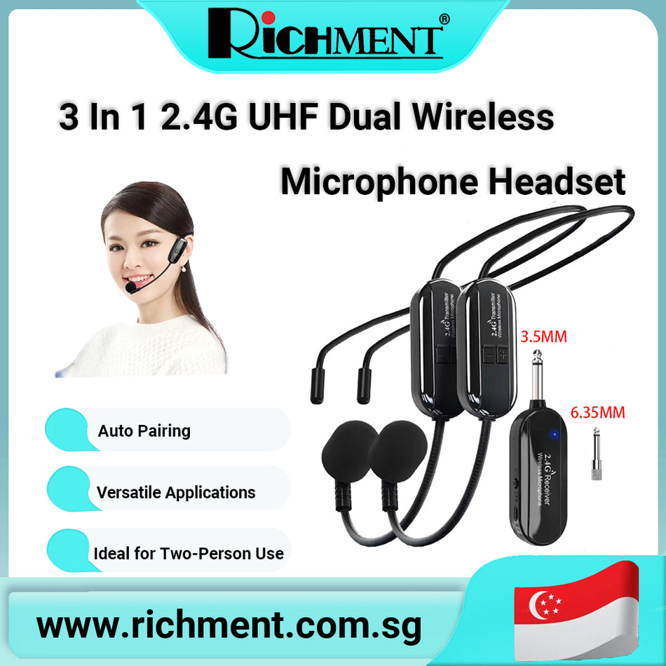 【✅SG Brand🔥】RICHMENT 3 In 1 2.4G UHF Wireless Microphone System for 2 People,160ft Range, 2.4G Dual Wireless Headset Mics for Karaoke Speaker, Amplifier, Mic Speakers, PA System, Yoga,Teaching, Fitness