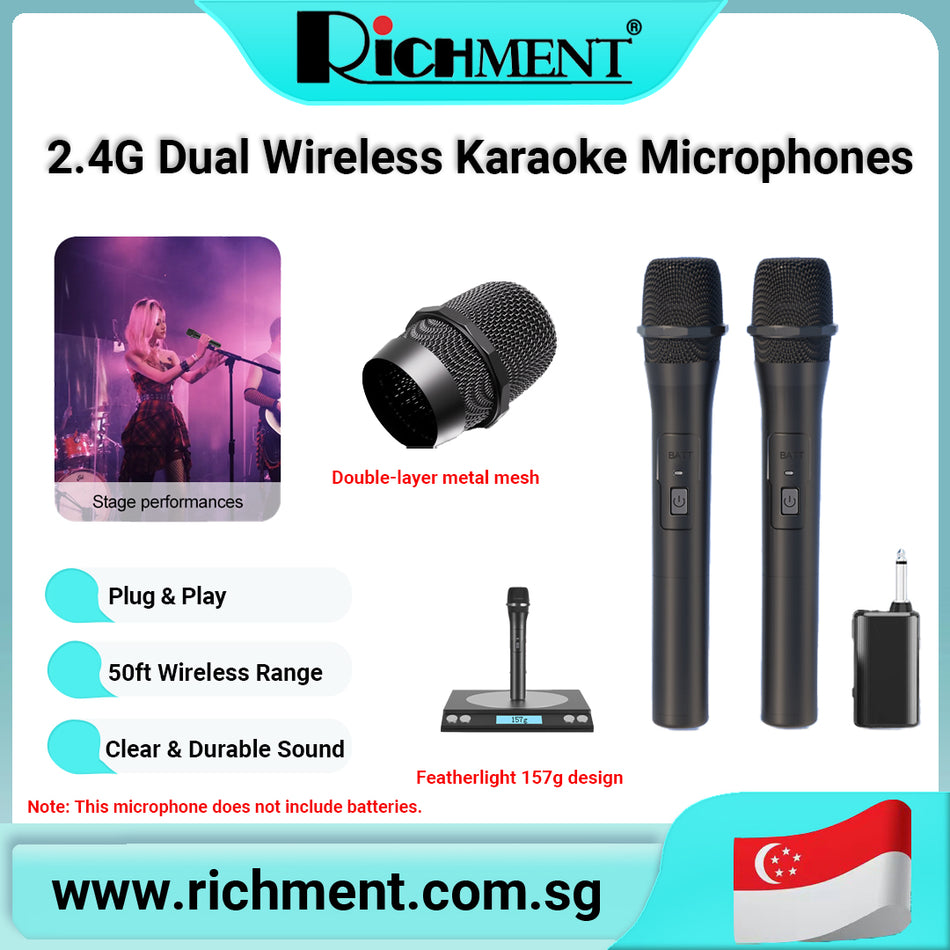【✅SG Brand🔥】RICHMENT 2.4G Wireless Microphone Dual Microphones for Karaoke, Wireless Dynamic Microphone support AA Battery ,Plug and Play，Suitable for Singing, Meeting Speech,Wedding,PA System