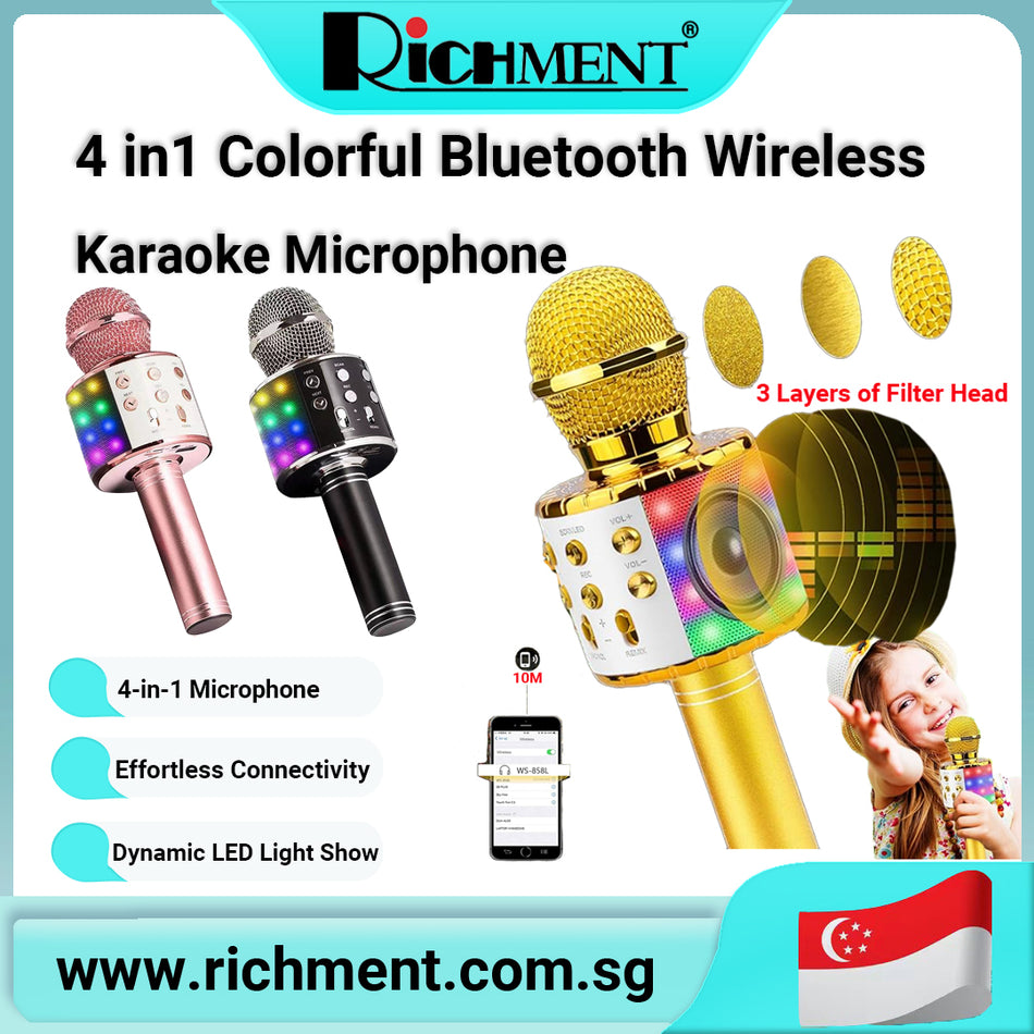 【✅SG Brand🔥】RICHMENT 4 in1 Portable Bluetooth Wireless Karaoke Microphone with LED Lights Handheld Mic with Speaker Karaoke Player for Singing Home Party Toys Birthday Gift for Kids Adults Girls