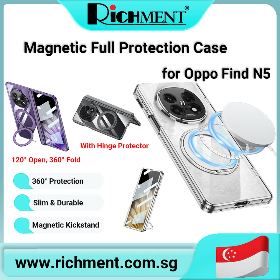【✅SG Brand🔥】RICHMENT Magnetic Case for OPPO Find N5 – 360° Full Body Protection with Built-in Screen Protector, Hinge Guard & Rotating Ring Stand – Slim Military-Grade Shockproof Cover