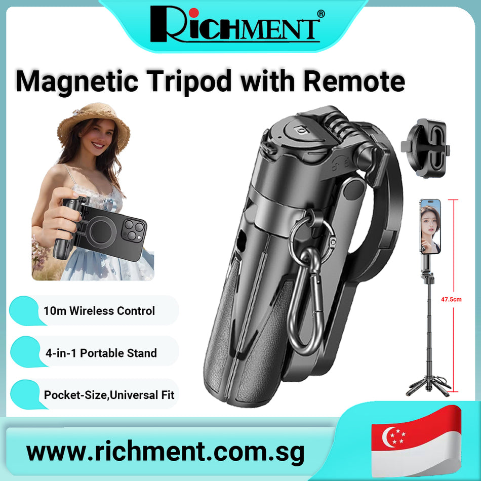 【✅SG Brand🔥】RICHMENT Professional All-in-1 Portable Mini Magnetic Selfie Stick Tripod Stand Phone Holder Bluetooth Monopod 10M Phone Tripod with Remote Control/ Remote Shutter compatible with iPhone/Android/Travel/Gifts