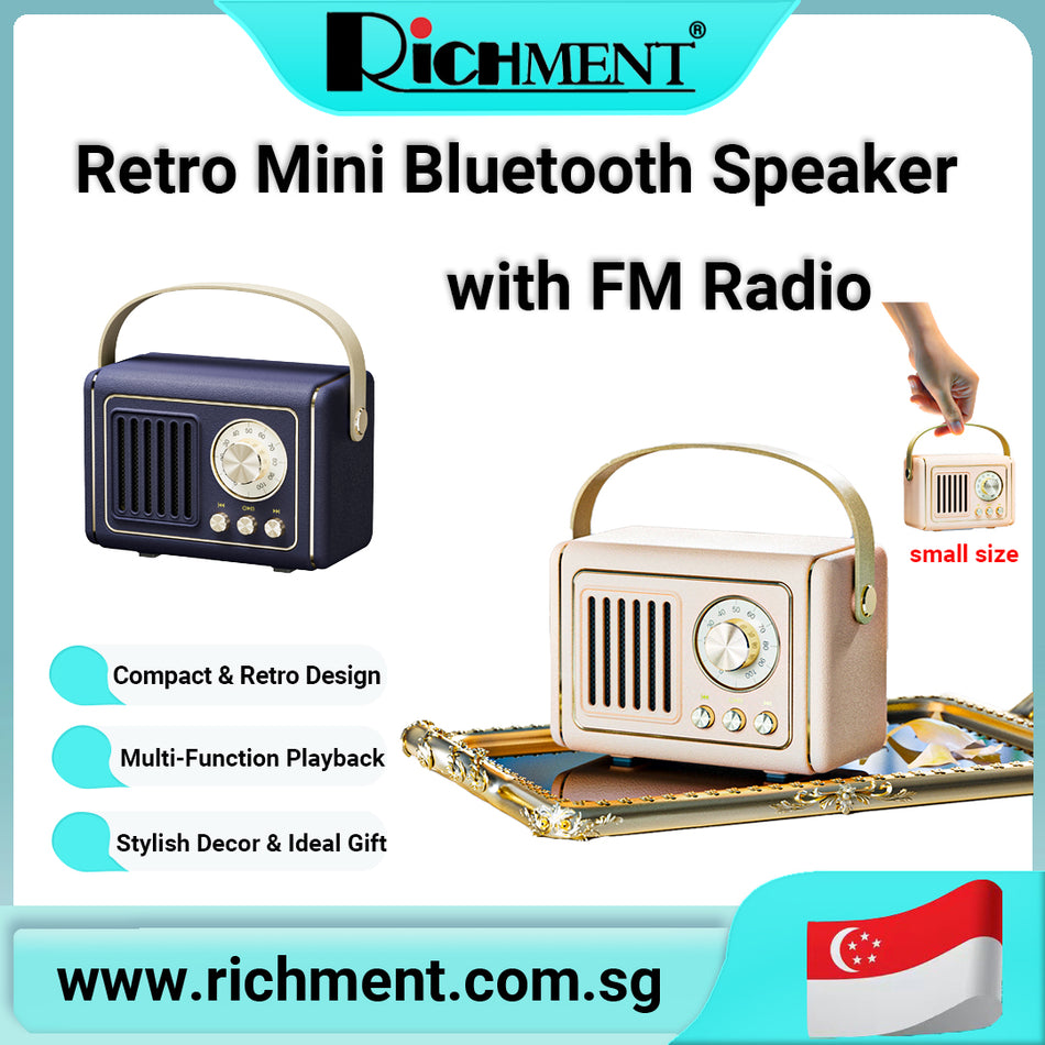 【✅SG Brand🔥】RICHMENT Retro Bluetooth Speaker, Wireless Mini Portable Speakers with FM Radio Support USB/TF Card/AUX, Vintage Radio Bluetooth Speaker for Kitchen Desk Bedroom Office Outdoor, Retro Gifts for Women Men