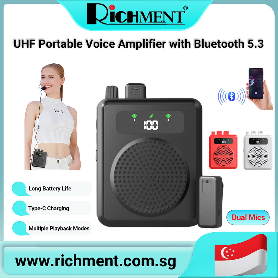 【✅SG Brand🔥】RICHMENT Portable Voice Amplifier with Bluetooth 5.3 🔊 | Dual Mics | Rechargeable Mini PA System with UHF Wireless Mic, Type-C Charging & Multiple Playback Modes – For Teachers, Tour Guides, Coaches |🎁 Perfect Gift for Birthday & Christmas