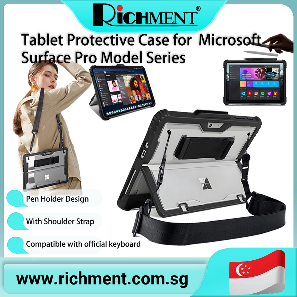 【✅SG Brand🔥】RICHMENT for Microsoft Surface Pro 11/Pro 10/Surface Pro 9 Case with Shoulder Strap, Hand Strap, Stylus Pen Holder, Rugged, Shock-Absorbing and Drop-Resistant