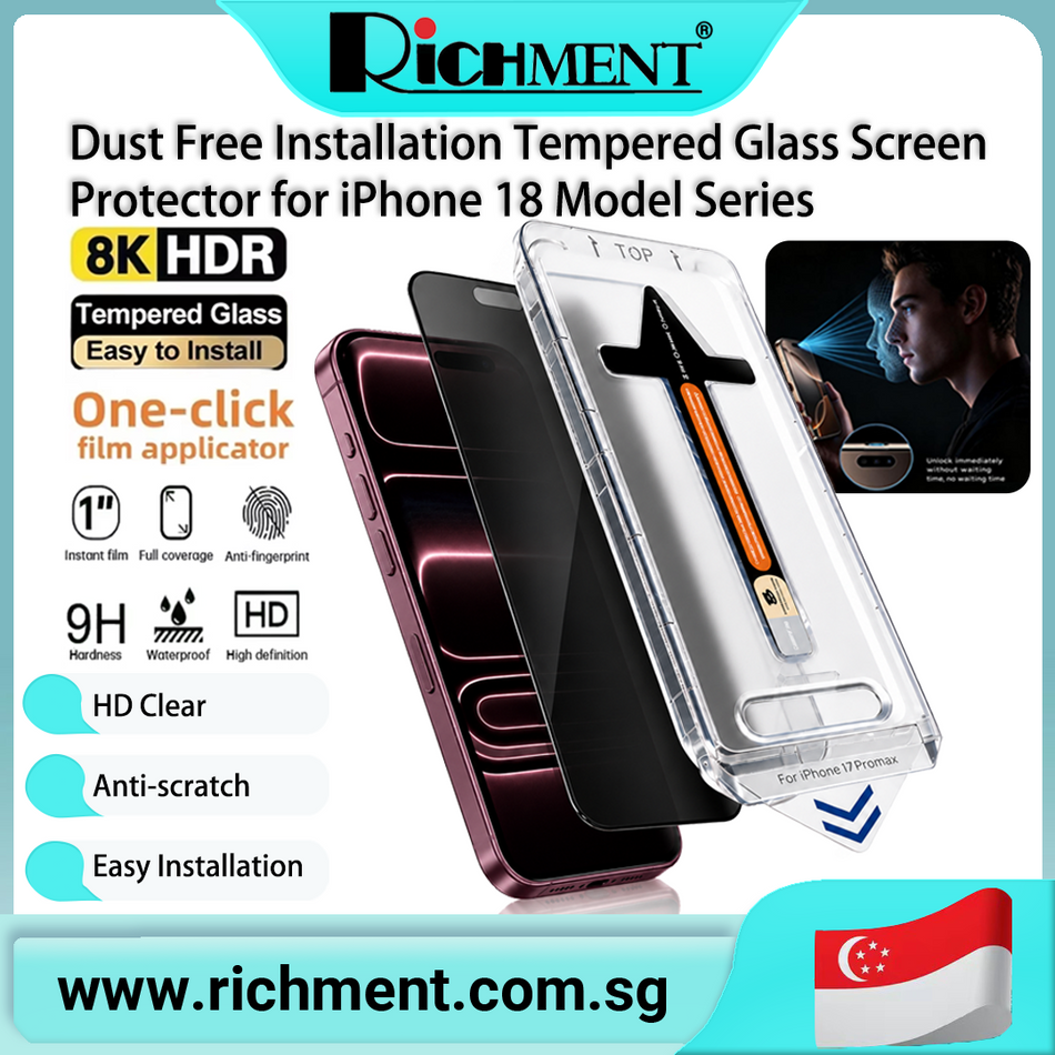 【✅SG Brand🔥】RICHMENT Screen Protector Auto-Alignment Easy Install HD Clear Privacy Tempered Glass for iPhone 18/iPhone 17/iPhone16/iPhone15 Full-Coverage Slim Fit Lightweight Shockproof