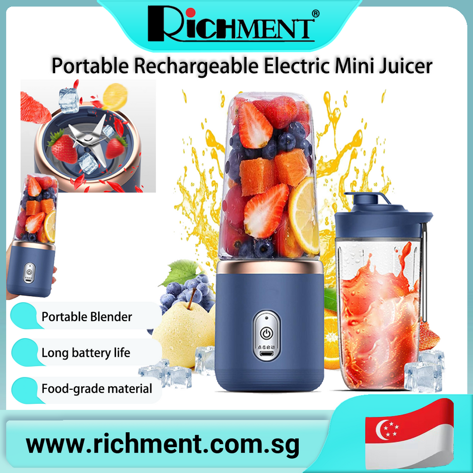 【✅SG Brand🔥】RICHMENT portable rechargeable electric mini juicer Stainless Steel Blade Cup Juicer Fruit Maker  400ML