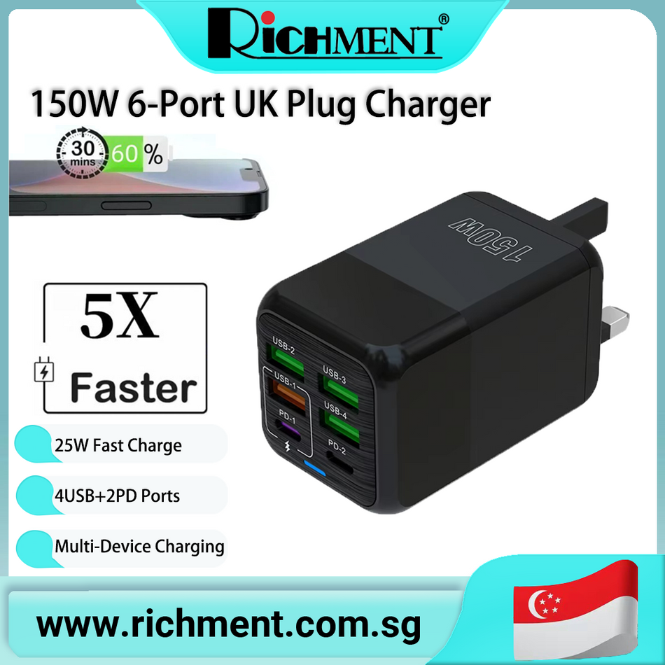 【✅SG Brand🔥】RICHMENT 150W Multi Port Flash Charger 4USB+2PD Fast Charger 5V USB Type C Power Adapter For ios Micro