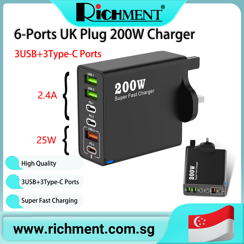 【✅SG Brand🔥】RICHMENT 200W Charger UK 200W Charger 6-Port 3 USB-A & 3 PD-C PSB Certified Fireproof MY Certified Fireproof