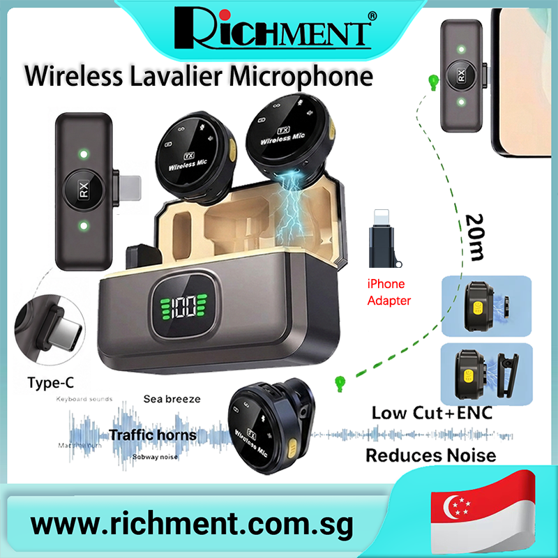 【✅SG Brand🔥】RICHMENT Wireless Lavalier Microphone – Lavalier Microphone with Dual-Channel Transmission, Dual-Brand Wireless Lavalier Microphone, Designed for Mobile Outdoor Live Streaming and Video, Featuring a Digital Display