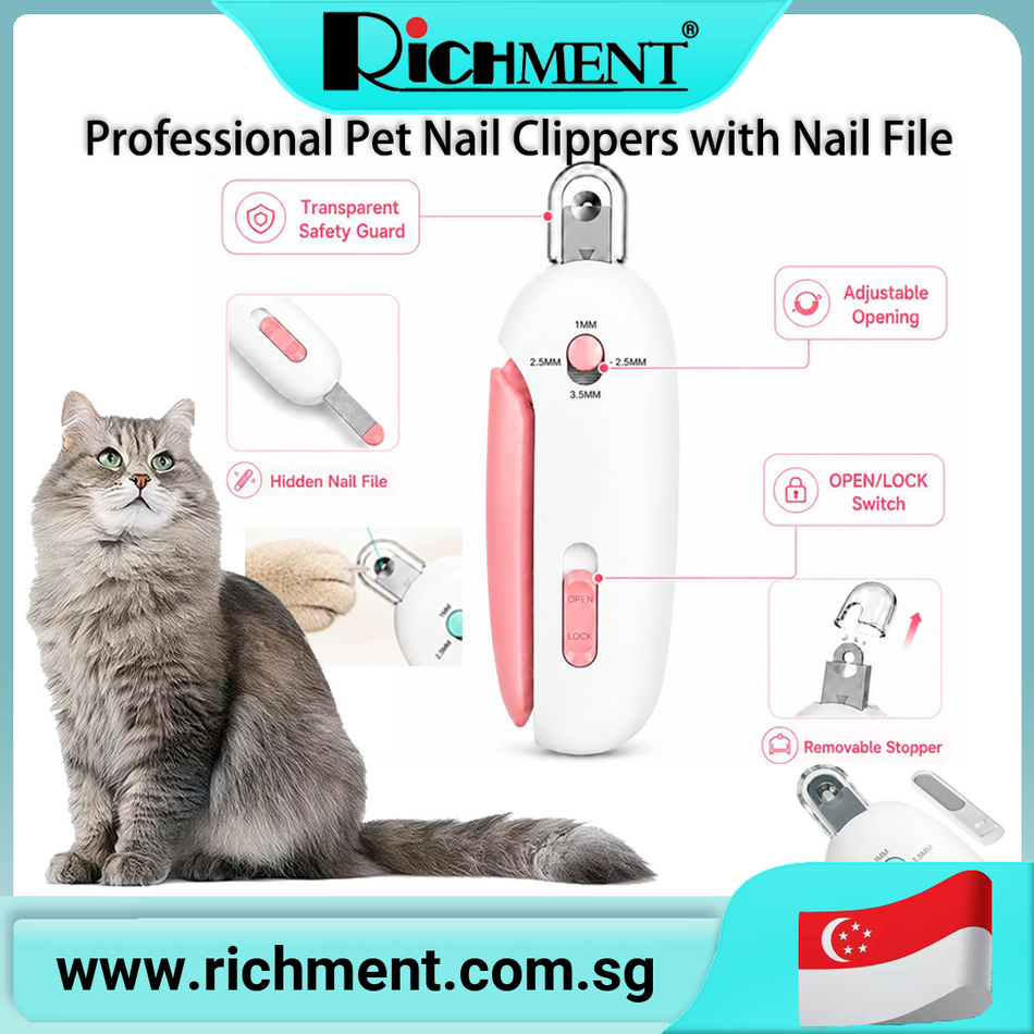 【✅SG Brand🔥】RICHMENT 2 In 1 Professional Pet Nail Clippers with Adjustable Hole Cat Dog Cutter  With LED lights Tool
