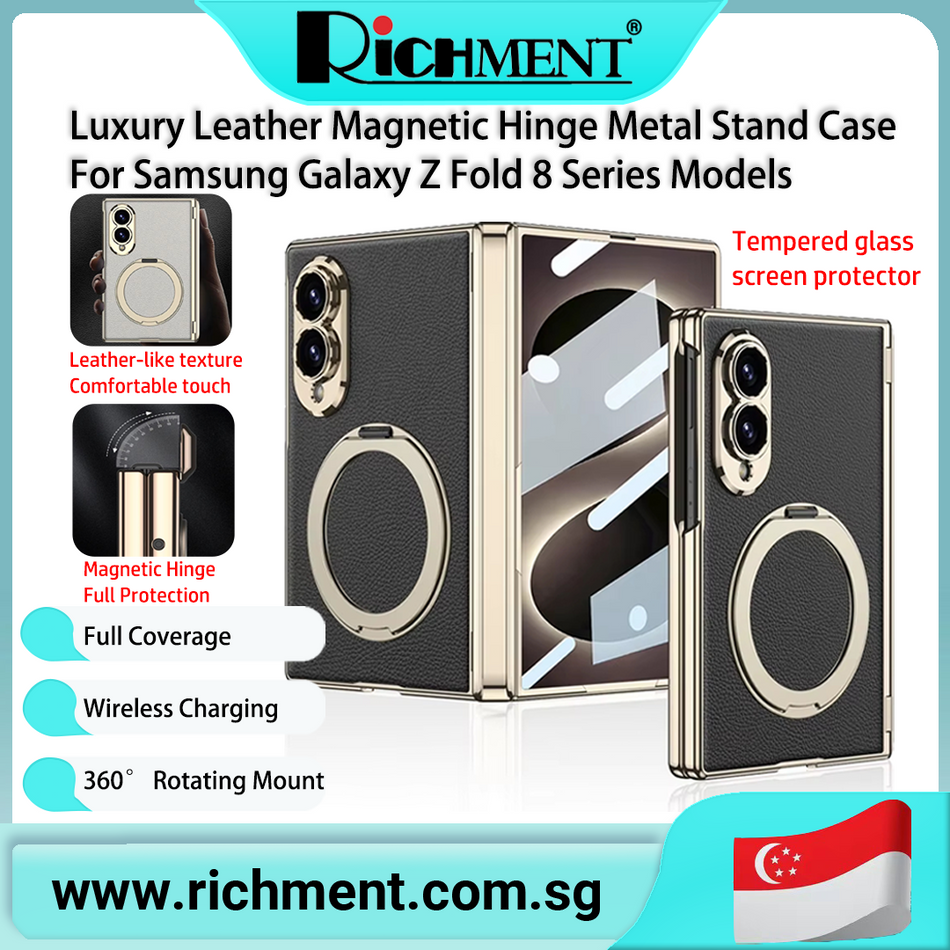 【✅SG Brand🔥】RICHMENT 360° rotating magnetic ring case with a hinged lychee-patterned leather finish Full-coverage mobile phone case with front film for Galaxy Z Fold 8
