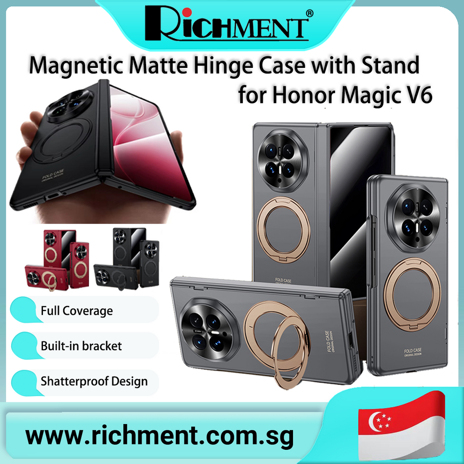 ✅SG Brand🔥】RICHMENT Magnetic Matte Phone Case with Hinge Protection 360° Rotating Stand Wireless Charging Support Built in HD Clear & Privacy Tempered Glass Screen Protector Shockproof Full Cover for Honor Magic V6 5G Foldable
