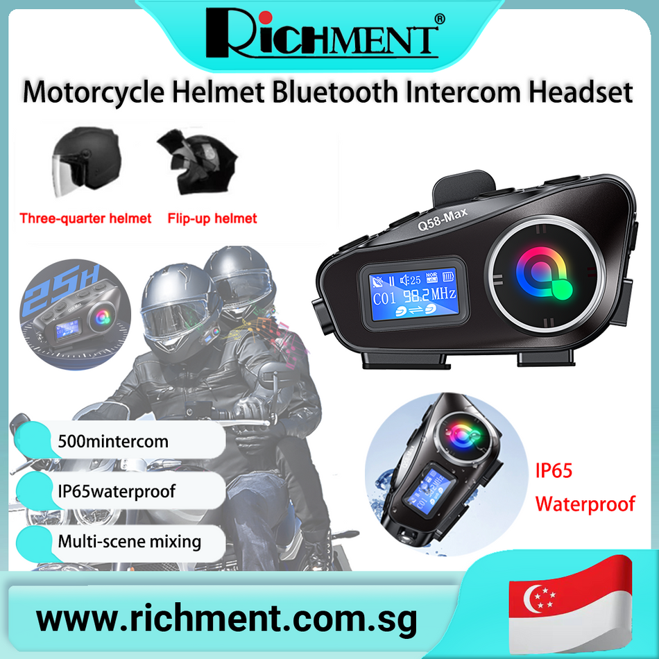 【✅SG Brand🔥】RICHMENT Large Screen Display Helmet Intercom Motorcycle Bluetooth Helmet Headset BT5.3 Q58 Interphone With LED light FM Support SD Helmet Bluetooth Intercom IP65Waterproof Intercom Distance 500 Meters Multi-Scene Mixed Music Sharing