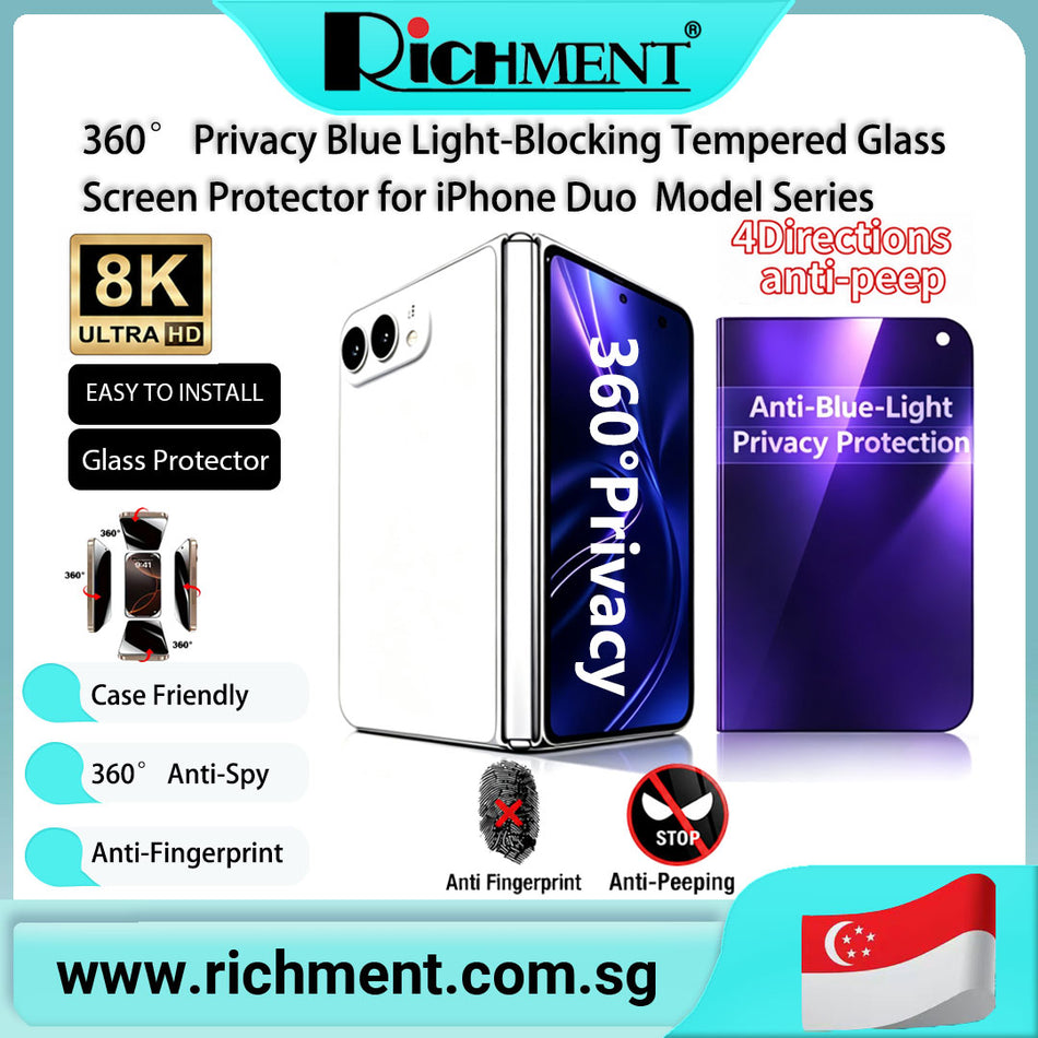 【✅SG Brand🔥】RICHMENT  360° Full Coverage Blue Light Privacy Anti-Spy Tempered Glass Screen Protector for iPhone Duo 24-Hour Self-Healing, HD Clarity, Anti-Fingerprint, Full Coverage Design, Bubble-Free Application