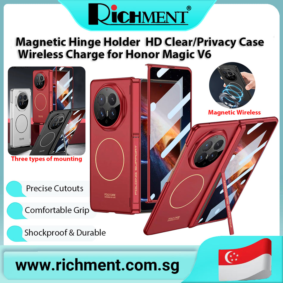 【✅SG Brand🔥】RICHMENT Magnetic Hinge Armor Holder HD Clear/Privacy Case for Honor Magic V6 Case Screen Glass Al-included [case friendly]scratch-resistant, fingerprint-resistant, smooth to the touch, full coverage