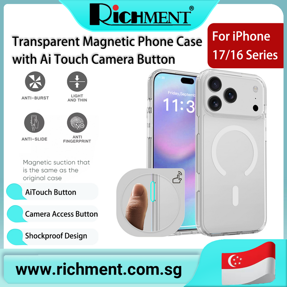 【✅SG Brand🔥】RICHMENT Magnetic Case with AI Touch Button for iPhone 16/16PRO/16PLUS/16PROMAX/17/17PRO/17AIR/17PROMAX,Anti-Yellow Crystal Clear BAYER TPU Shockproof with Camera Control Button Strong Magnetic Lock