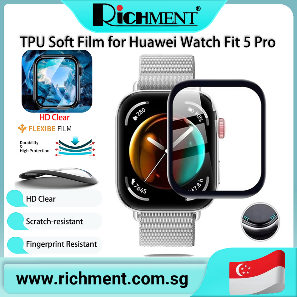 【✅SG Brand🔥】RICHMENT Soft Tpu Film Full Cover 3D Screen Protective Screen Protector For Huawei Watch Fit 5/Huawei Fit 5 Pro/Watch Fit 4/Watch Fit 4 Pro Full-Coverage Slim Fit Lightweight Shockproof