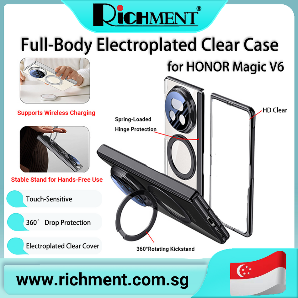 【✅SG Brand🔥】RICHMENT For Honor Magic V6 Clear/Privacy Case Luxury Plating Cover with 360° Rotating Ring Stand Magnetic Protective Back Cover case Full Cover Shell