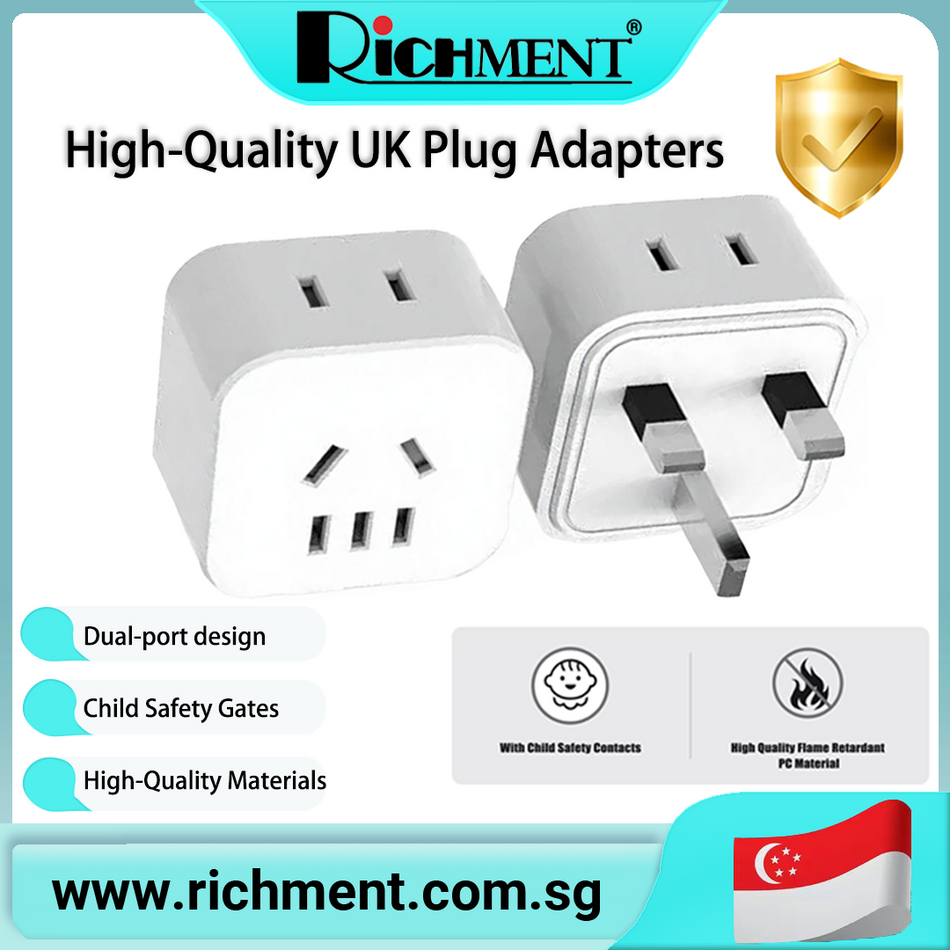 【✅SG Brand🔥】RICHMENT Plug SG/UK/HK 3 Pin Plug Adapter Dual Port SG/MY/UK Plug Converter MY Plug 10A High Power travel for Holiday gifts, ideal for travelling