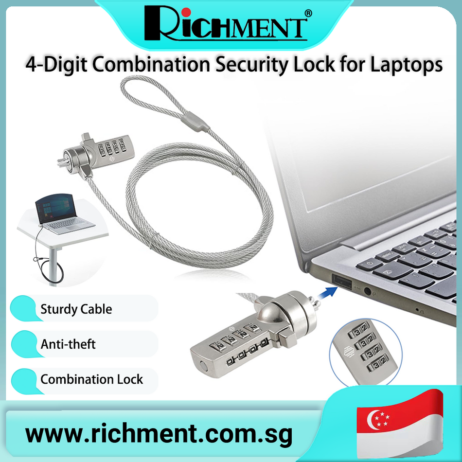 【✅SG Brand🔥】RICHMENT Laptop lock, 4-digit combination, portable steel anti-theft device, high-quality key, Safety 1.8m  For anti-theft purposes only