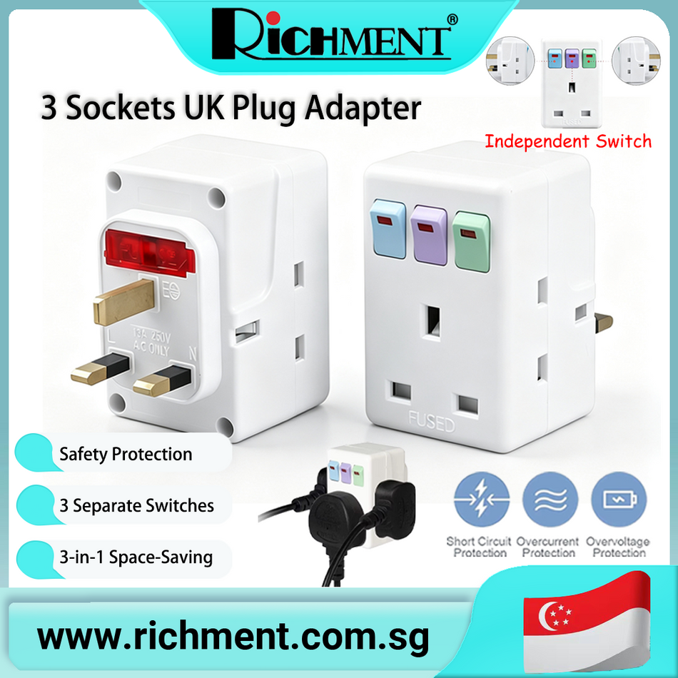 【✅SG Brand🔥】RICHMENT Multifunctional UK-standard adapter plug, travel adapter, three-pin UK-standard adapter Independent Independent switch  For tourism use only
