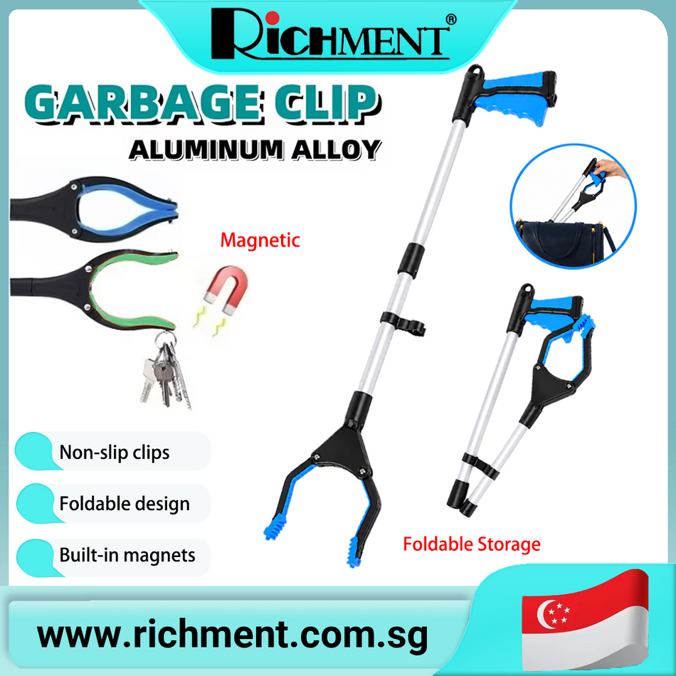 【✅SG Brand🔥】RICHMENT Garbage Clip Aluminum Alloy Magnetic Foldable Storage Long Reach Pincer 42cm Storable, Pick-Up Tool