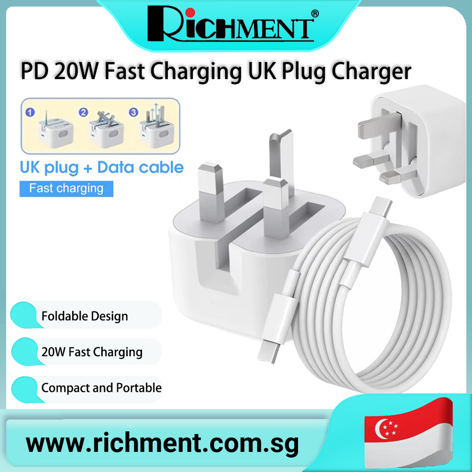 【✅SG Brand🔥】RICHMENT PD 20W UK Plug Charger Set 1M USB-C Cable for iPhone17/iPhone 16/15/17/for iPad UK Plug Charger Holiday gifts, ideal for travelling