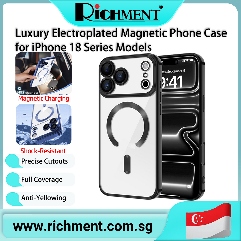 【✅SG Brand🔥】RICHMENT Luxury Electroplated Magnetic Clear Soft TPU Shockproof Slim Case for iPhone 18 Pro/ 18 Pro Max   Shock-Absorbing Full Hinge Anti-Yellowing Full-Coverage Slim Fit Lightweight Shockproof