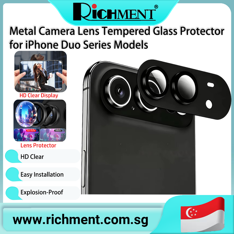 【✅SG Brand🔥】RICHMENT Metal Ring Armor Camera Lens Film Back Cover Clear Lens Tempered Glass Protector For iPhone Duo  Anti-Fingerprint, Full Coverage Design, Bubble-Free Application