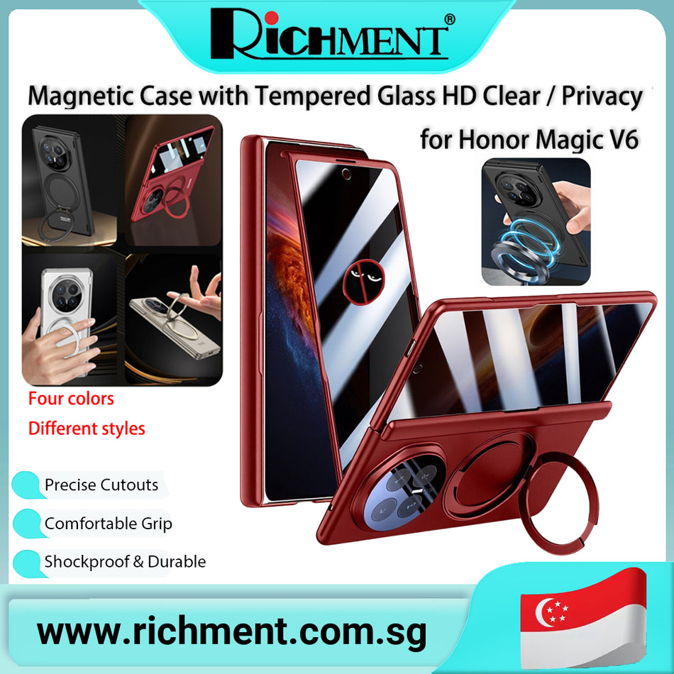 【✅SG Brand🔥】RICHMENT  Magnetic Ring Metal Holder Tempered Glass HD/Privacy Film Full Protection  Case For Honor Magic V6